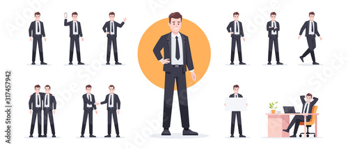 Businessman set isolated. Man in the workplace. Office worker in suit. Cartoon people in different poses and actions. Cute male character for animation. Simple design. Flat style vector illustration.