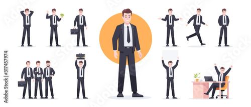 Businessman set isolated. Man in the workplace. Office worker in suit. Cartoon people in different poses and actions. Cute male character for animation. Simple design. Flat style vector illustration.