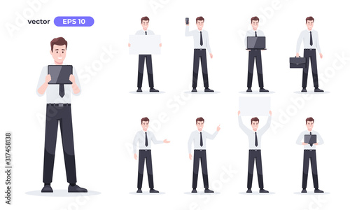 Man with gadgets, devices set isolated. Showing phone, tablet, laptop. Businessman in suit. Cartoon people. Cute male character for presentation template. Flat style vector illustration.