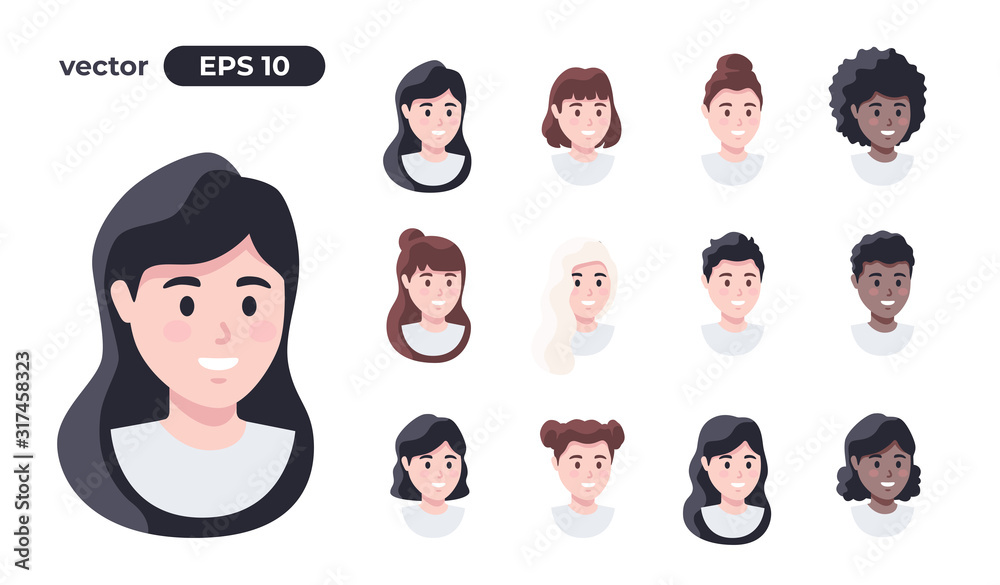 Human faces set. Man hair collection. Character face elements. Emotions:  smiling, screaming. Cute cartoon people. Simple cartoon design. Simple  design. Flat style vector illustration. Stock Vector | Adobe Stock