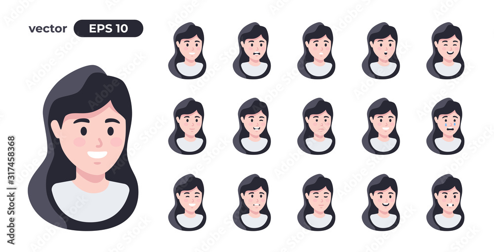Woman emotions set. Cartoon people face. Young girl. Cute female character  for animation. Different facial expressions collection. Simple design. Flat  style vector illustration. Stock Vector | Adobe Stock