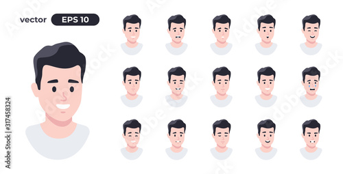 Man emotions set. Cartoon people face. Young boy. Cute male character for animation. Different facial expressions collection. Simple design. Flat style vector illustration.
