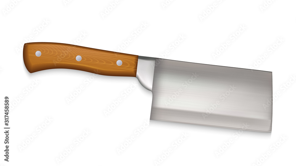 Cleaver Large Cook Knife With Walnut Handle Vector. Restaurant Chef Cleaver For Cutting And Cooking Meat Or Fish. Stylish Butcher Kitchen Utensil Concept Layout Realistic 3d Illustration Cleaver Large Cook Knife With Walnut Handle Vector. Restaurant Chef Cleaver For Cutting And Cooking Meat Or Fish. Stylish Butcher Kitchen Utensil Concept Layout Realistic 3d Illustration