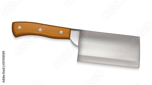 Cleaver Large Cook Knife With Walnut Handle Vector. Restaurant Chef Cleaver For Cutting And Cooking Meat Or Fish. Stylish Butcher Kitchen Utensil Concept Layout Realistic 3d Illustration