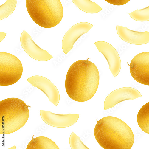Realistic Detailed 3d Whole Honeydew Melon and Slice Seamless Pattern Background. Vector