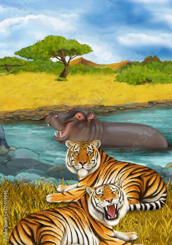cartoon scene with hippopotamus hippo swimming in river near the meadow resting illustration for children