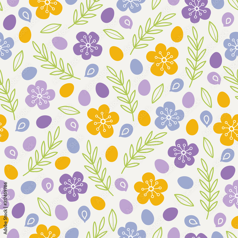 Easter seamless pattern with colorful eggs, flowers, leaves, branches, petals