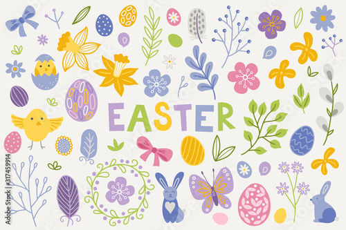 Easter design elements - bunny, chicken, narcissus, flower, leaves, feather, bow