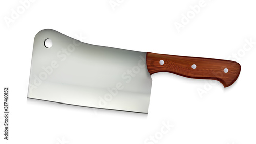 Cleaver Large Cook Knife With Wooden Handle Vector. Chef Cleaver Rectangular-bladed Hatchet Used To Cut Pork Chops From Loin. Kitchen Ware Concept Template Realistic 3d Illustration