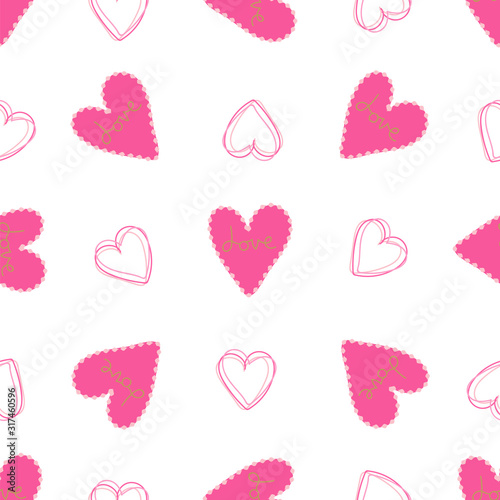 Seamless pattern of pink hearts on a white background.
