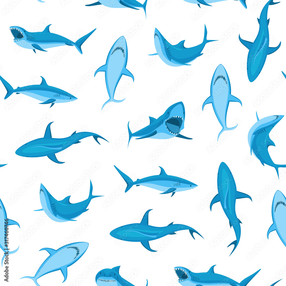 Cartoon Blue Characters Shark Seamless Pattern Background. Vector Cartoon Blue Characters Shark Seamless Pattern Background. Vector