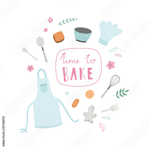 Cooking and baking theme vector card with cute ingredients, kitchenware and food preparation equipment