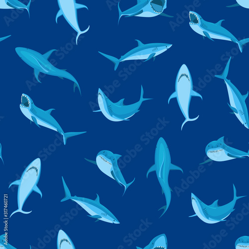 Cartoon Blue Characters Shark Seamless Pattern Background. Vector