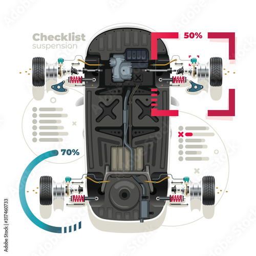 Infographics diagnostics of car suspension parts. Professional car service concept. View from above.