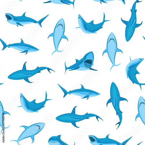 Cartoon Blue Characters Shark Seamless Pattern Background. Vector