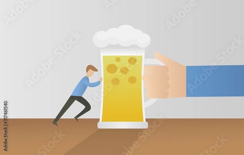 No alcohol,Stop alcohol.His friend offer to drink a glass of beer,man refused and pushed glass away.vector illustration