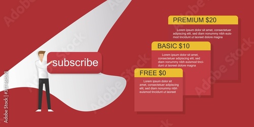  subscribe and Subscription business concept.man pointed his finger at Subscribe button,Subscription package and price table.vector illustration