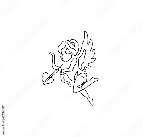 Angel, continuous line drawing, small tattoo, print for clothes, t-shirt, emblem or logo design, Valentine's Day, greeting card, hand drawn vector illustration. Isolated on white background.