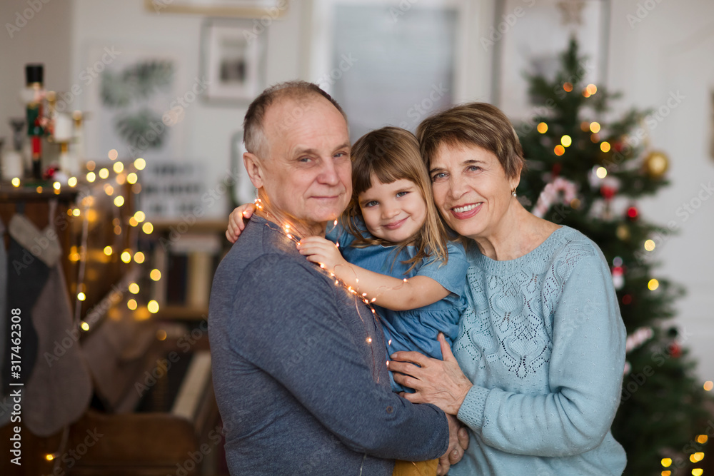 Grandparents embrace child granddaughter and celebrating holiday at home at Christmas time.