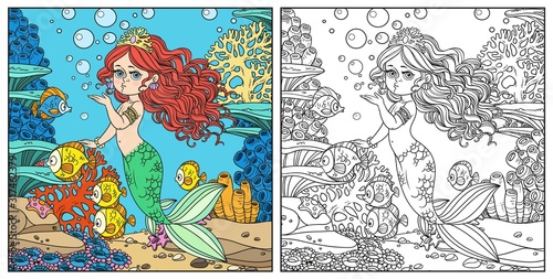 Beautiful mermaid girl sends an kiss underwater world with corals and fishes background color and outlined