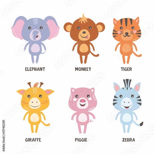Vector set with beautiful animals. Funny character collections. Elephant, monkey, tiger, giraffe, pig, zebra. Simple and cute style.