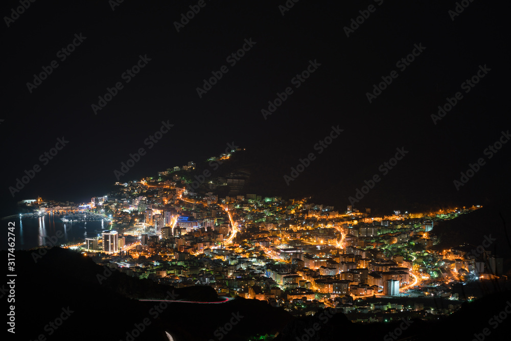 view of Budva city lights at night view of Budva city lights at night