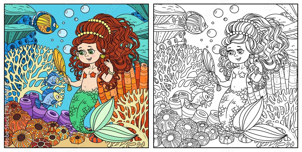 Cartoon mermaid girl pretties herself in front of a hand mirror on underwater world with corals and fish background color and outlined