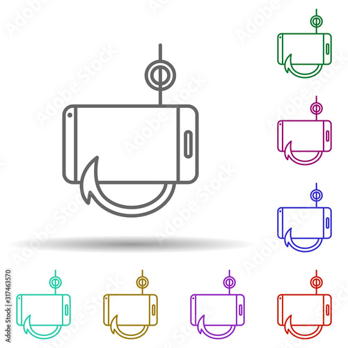 Smartphone, hook, fraudulent in multi color style icon. Simple thin line, outline vector of social addict icons for ui and ux, website or mobile application