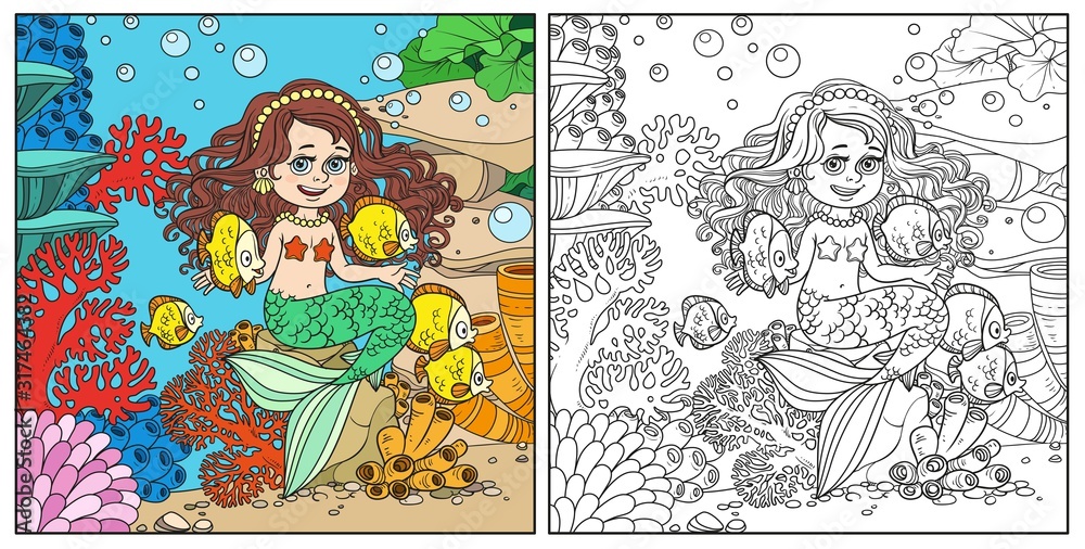 Cute little mermaid girl sits on a stone playing with fish on underwater world with corals and anemones background color and outlined
