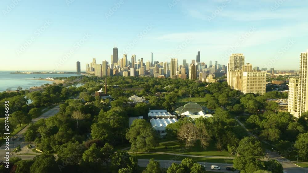 Aerial, Lincoln Park Zoo with Chicago Skyline in Background Aerial, Lincoln Park Zoo with Chicago Skyline in Background