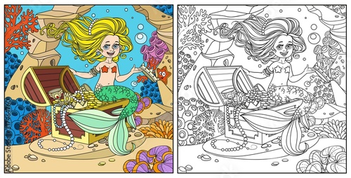 Cute mermaid girl is sitting on a treasure chest and keep the crown on the hand on underwater world with corals and anemones background color and outlined