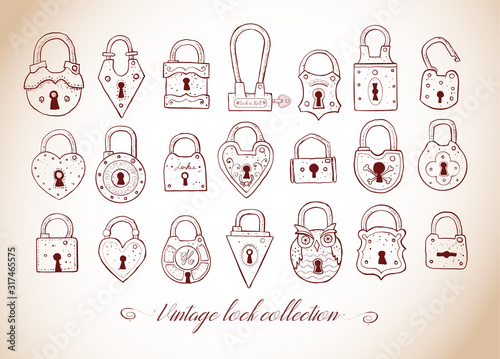 Set of doodle vintage locks. Vector sketch illustration.