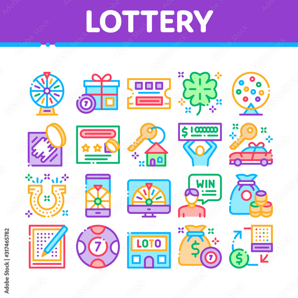 Lottery Gambling Game Collection Icons Set Vector Thin Line. Human Win Lottery And Hold Check, Car Key And Money Bag, Fortune Wheel And Loto Concept Linear Pictograms. Color Contour Illustrations