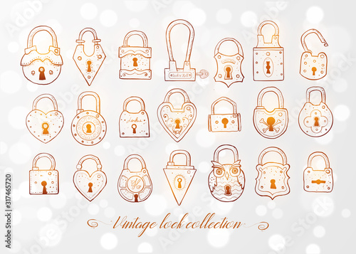 Set of doodle vintage locks on white glowing background. Vector sketch illustration.