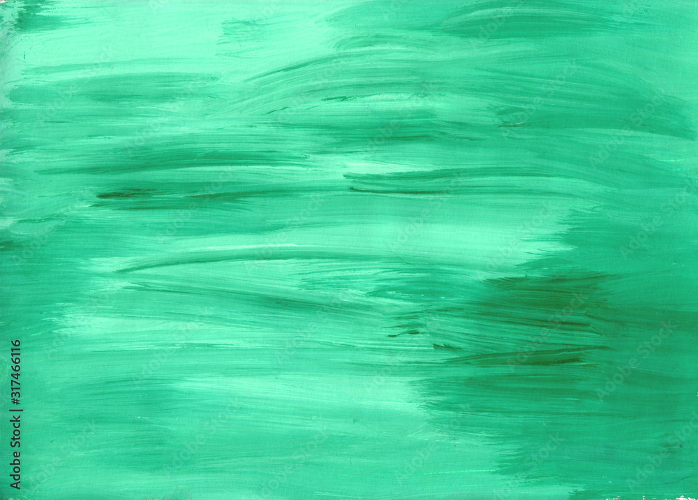 A horizontal sheet of paper is painted over with horizontal long strokes of blue green gouache paint of mint shade. Raster hand-drawn grunge illustration.