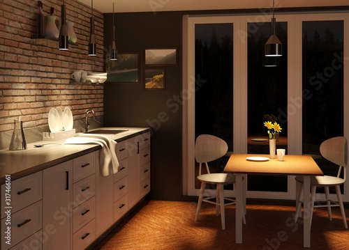 Night kitchen interior with dining table. Illumination with lamps. Wooden floor. Brick wall.  3D rendering.