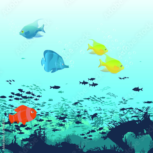 fish and algae on the background of reefs. Underwater ocean scene. Deep blue water, coral reef and underwater plants. a beautiful underwater scene; a vector seascape with reef.
