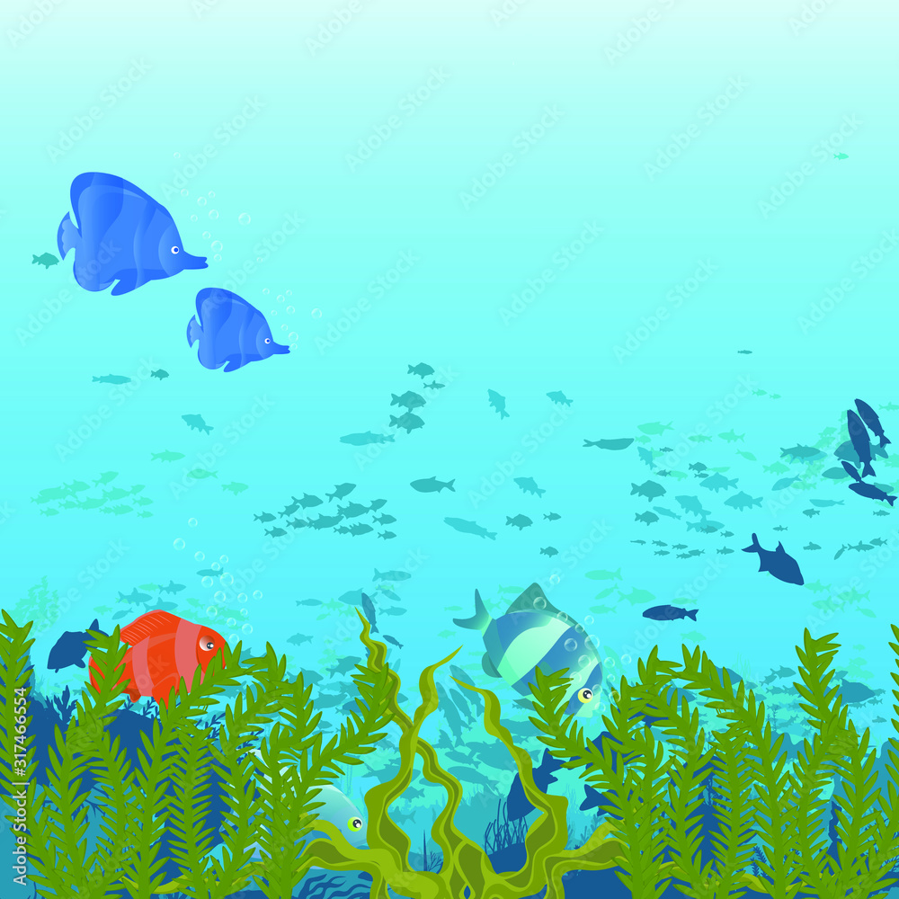 Naklejka premium fish and algae on the background of reefs. Underwater ocean scene. Deep blue water, coral reef and underwater plants. a beautiful underwater scene; a vector seascape with reef.