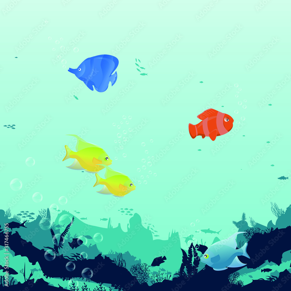 Fototapeta premium fish and algae on the background of reefs. Underwater ocean scene. Deep blue water, coral reef and underwater plants. a beautiful underwater scene; a vector seascape with reef.