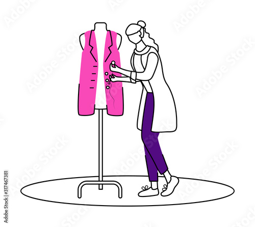 Fashion designer in atelier flat contour vector illustration. Sewing and reparing vest in studio isolated cartoon outline character on white background. Creating clothes at workshop simple drawing