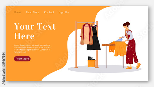 Ironing clothes landing page flat color vector template. Dry cleaning service homepage layout. Prepare outfits one page website interface with cartoon illustration. Atelier banner, webpage