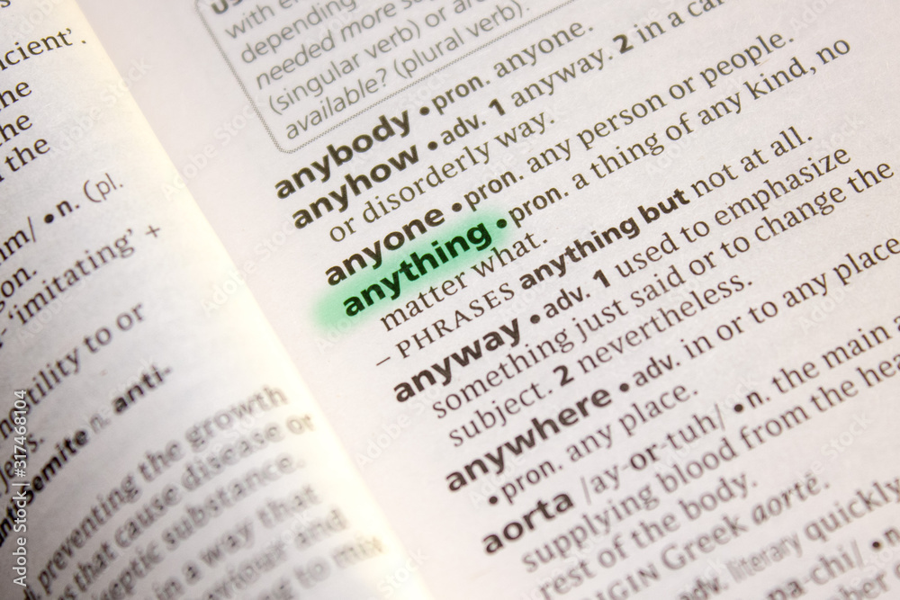 Anything word or phrase in a dictionary. Anything word or phrase in a dictionary.