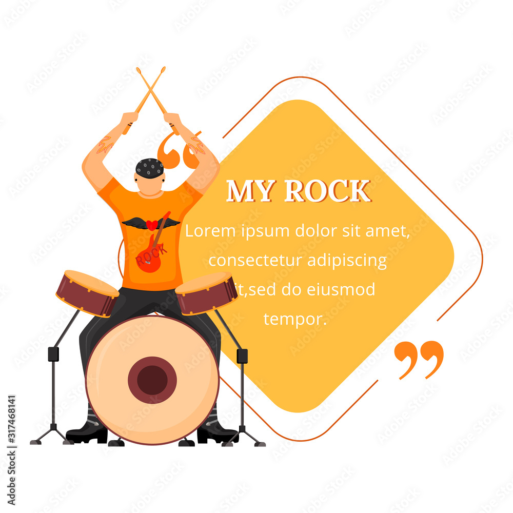 Drummer Flat Color Vector Illustration Drum Player Rock Musician Isolated Cartoon Character Quote Blank Frame Template Rhomb Shaped Yellow Speech Bubble Quotation Citation Text Box Design Stock Vector Adobe Stock