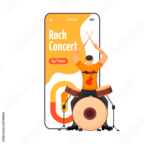 Rock concert cartoon smartphone vector app screen. Drummer. Musician. Gig. Festival, event. Mobile phone display with flat character design mockup. Application telephone cute interface