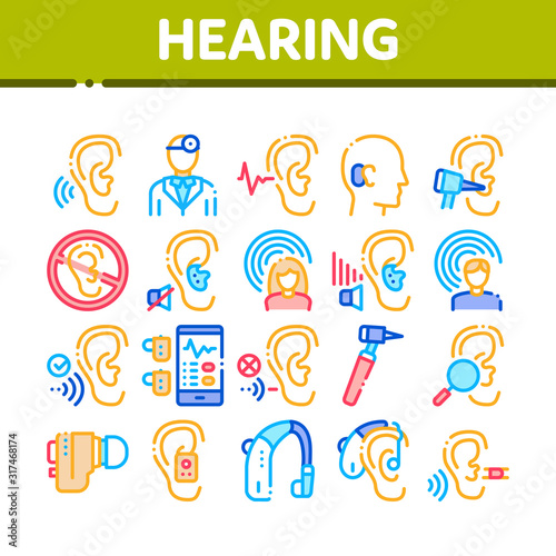 Hearing Human Sense Collection Icons Set Vector Thin Line. Hearing Aid Device And Earphone. Doctor And Medical Equipment For Research Concept Linear Pictograms. Color Contour Illustrations