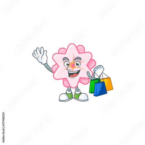 A happy rich chinese pink flower waving and holding Shopping bag