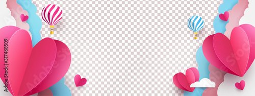 Valentine’s Day modern minimalistic design for Website, greeting or Sale banner, flyer, poster in paper cut style with cute flying Origami Hearts over clouds with air balloons isolated on background.