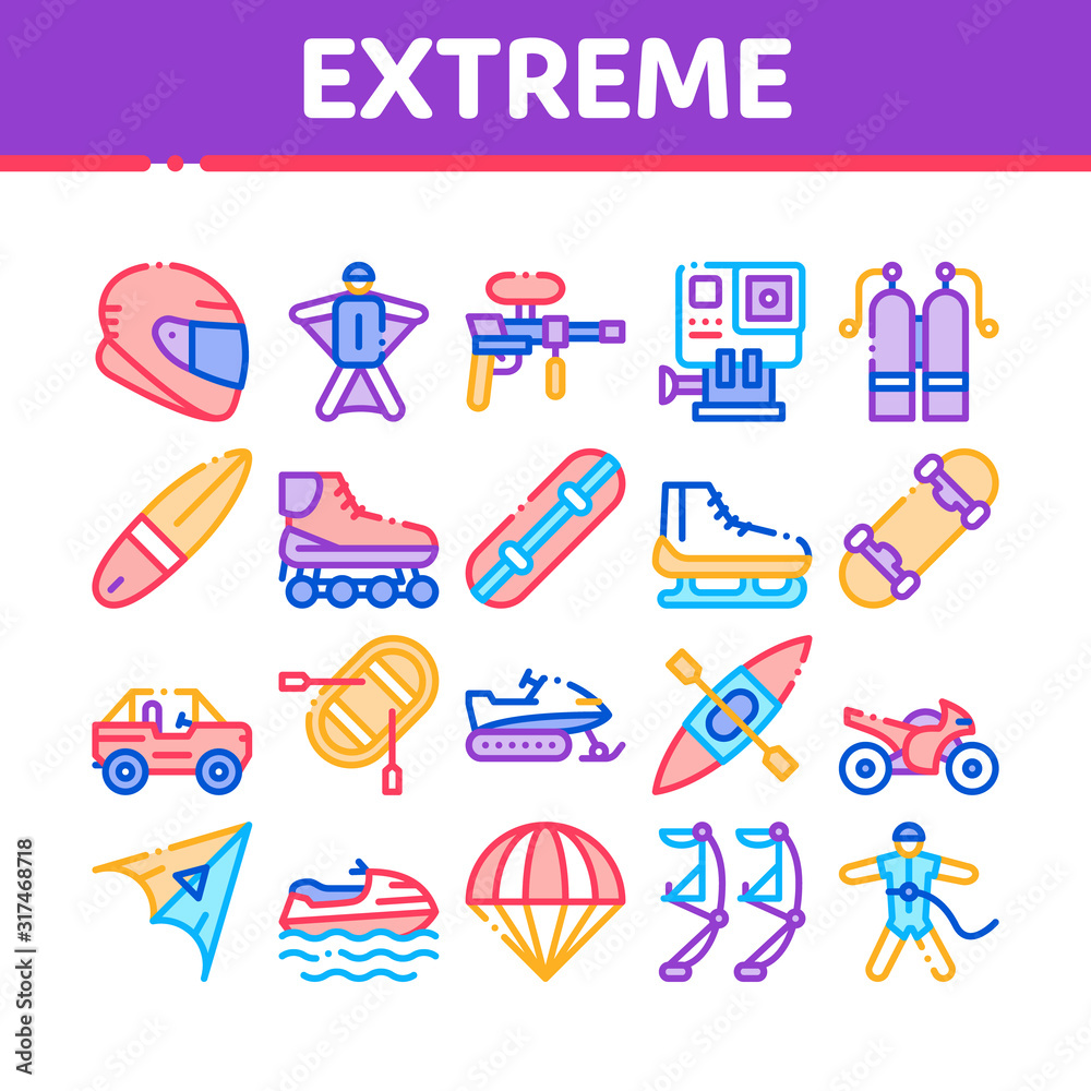 Extreme Sport Activity Collection Icons Set Vector Thin Line. Bike And Crash Helmet, Parachute And Hang-glider Equipment For Extreme Active Concept Linear Pictograms. Color Contour Illustrations Extreme Sport Activity Collection Icons Set Vector Thin Line. Bike And Crash Helmet, Parachute And Hang-glider Equipment For Extreme Active Concept Linear Pictograms. Color Contour Illustrations
