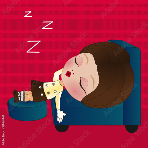 sleeping girl with Zzz sign above his head, lying on an armchair, legs resting on an ottoman, vector color emoji on pink checkered background
