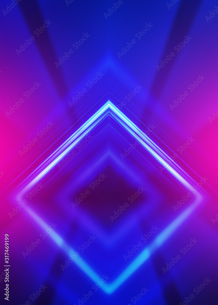 Obraz premium Abstract dark background with blue and pink neon glow. Neon light lines. Show empty stage background